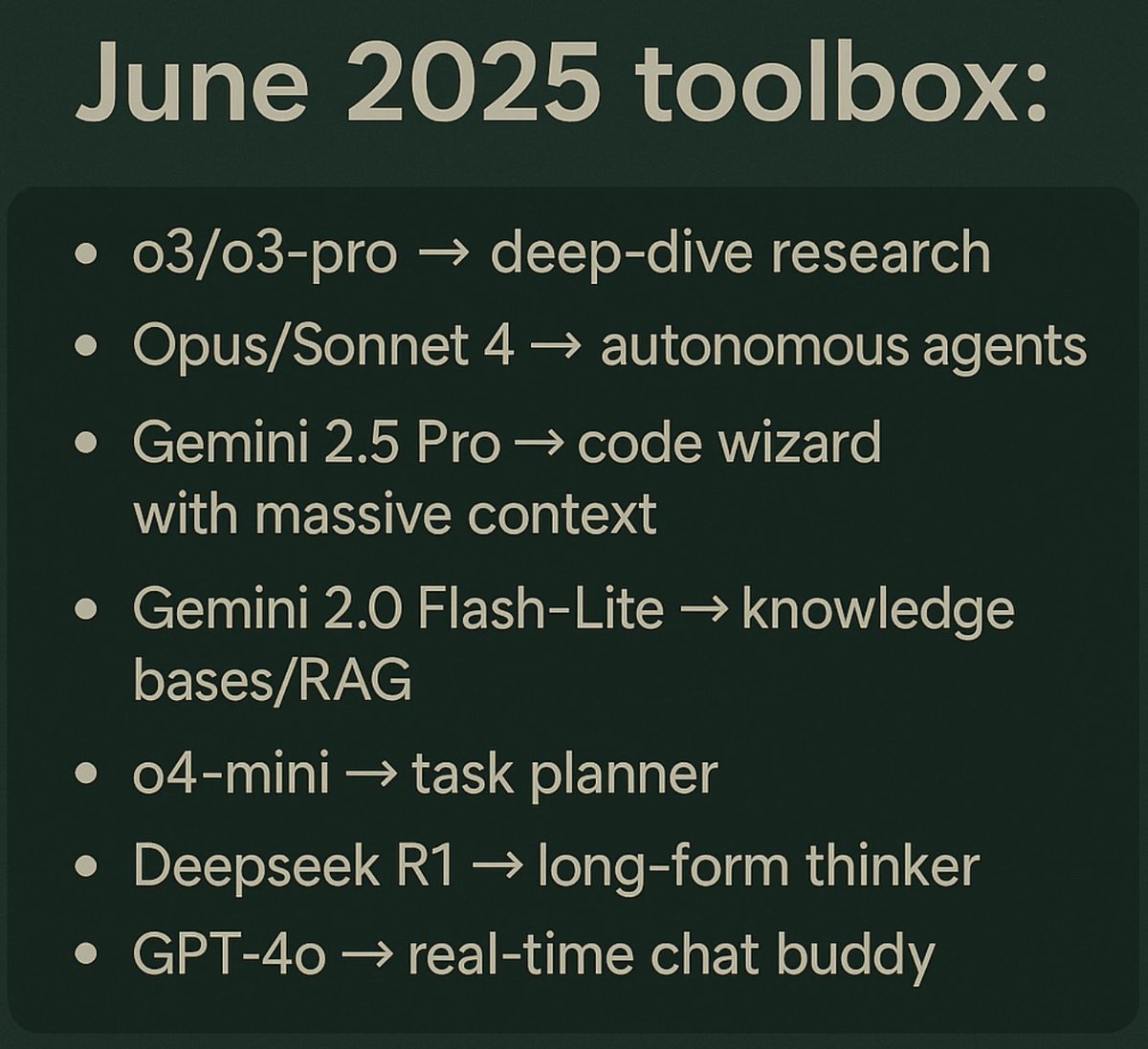 AI model are confusing - Here's the cheatsheet 👇
 
June 2025 toolbox:

- o3/o3-pro → deep‑dive research 
- Opus/Sonnet 4 → autonomous agents /coding master 
- Gemini 2.5 Pro → code wizard  with massive context
- Gemini 2.0 Flash‑Lite → knowledge bases/RAG