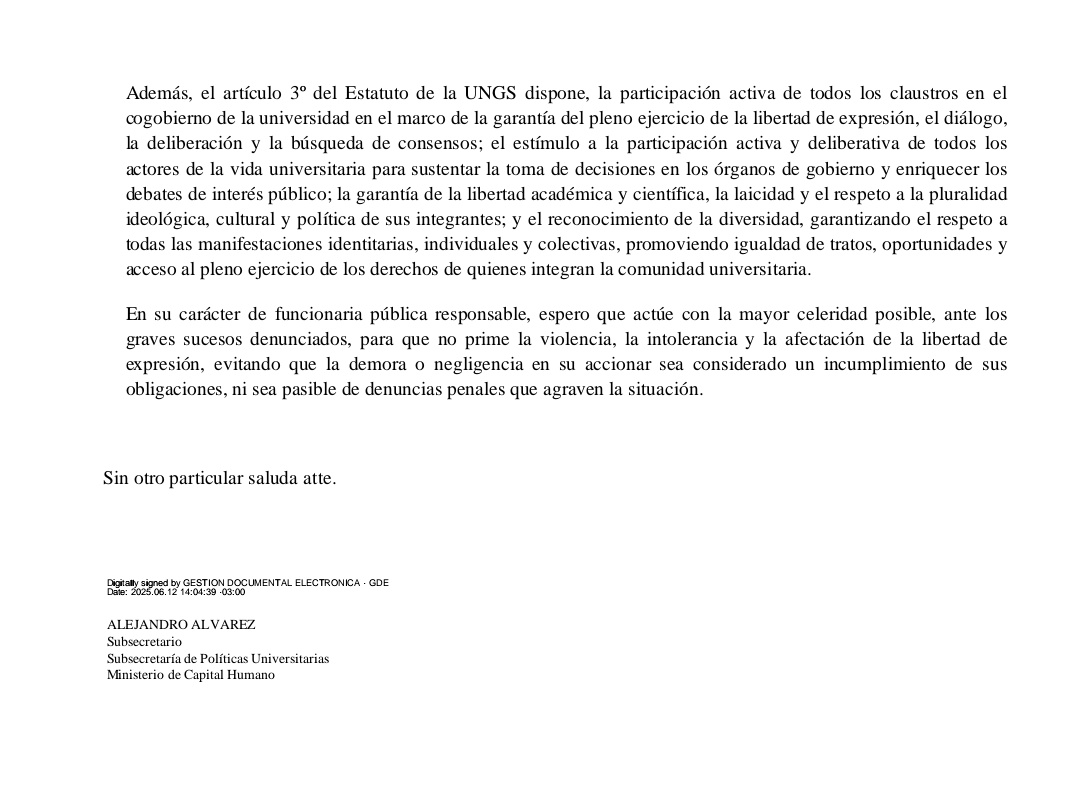 AleCiroAlvarez's tweet photo. Ante la reiteración de hechos de violencia y discriminación en algunas universidades nacionales comenzamos a notificar a las autoridades rectorales, poniendo de manifiesto su responsabilidad indelegable en tanto funcionarios públicos. En este caso a la @ungsoficial y a su rectora Dra. Flavia Terigi