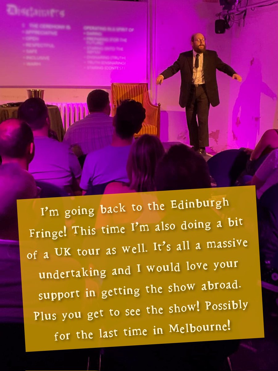 Hello Melbourne! I'm doing my interactive, improvised ritual show The Ceremony (not a cult) one more time to help raise some funds to return to the Edinburgh Fringe and tour around the UK.

5th of July, 8.30pm
The Motley Bauhaus

Join me. 👁🙏👁

eventfinda.com.au/2025/the-cerem…