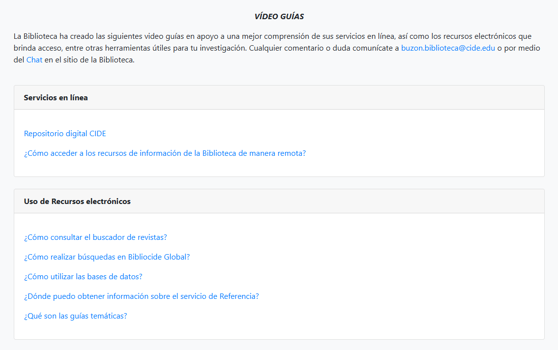 BibliotecaCIDE's tweet image. ¿Tienes dudas sobre cómo usar los recursos de la #BibliotecaCIDE?
Consulta nuestras video guías: explicaciones breves para aprovechar mejor lo que ofrecemos 👉 biblioteca.cide.edu/videoGuias.html
Y si necesitas más ayuda, ¡escríbenos por el chat! 💬