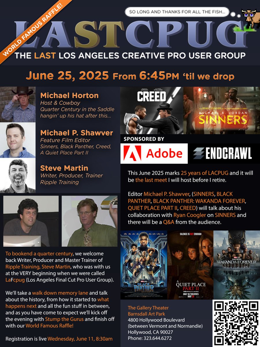 Registration is live now for the Last Lacpug Meet.
Featuring editor Michael Shawver, (SINNERS, BLACK PANTHER, CREED) and FCP and Resolve Master Trainer Steve Martin.

Register but ONLY if planning to attend.

eventbrite.com/e/the-last-lac…