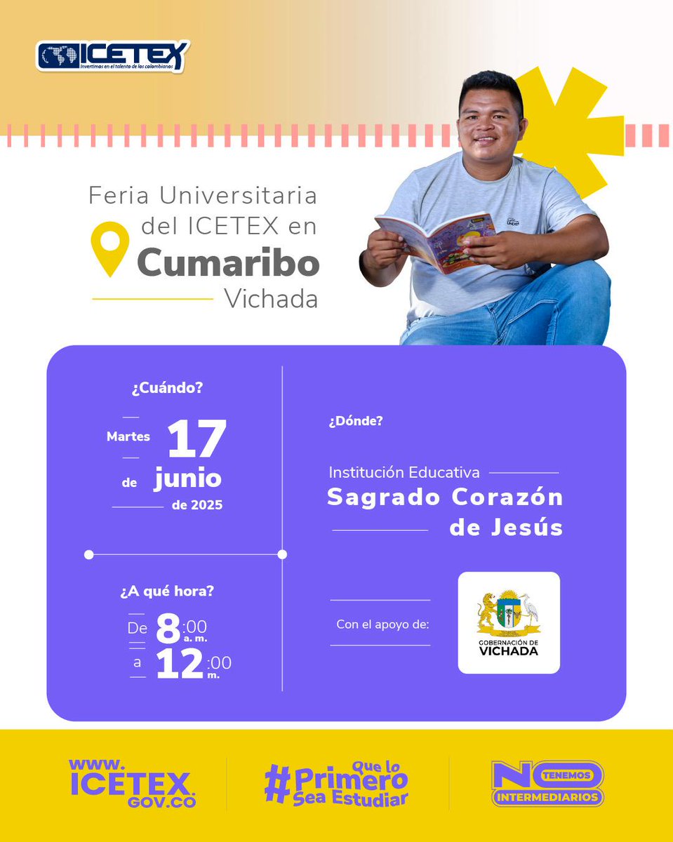 ICETEX's tweet photo. ¡#Vichada, estamos #ImpulsandoOportunidades para el futuro!
Si vives en #Cumaribo, te esperamos el 17 de junio en la Institución Educativa Sagrado Corazón de Jesús para que conozcas las opciones de financiación y becas que el #ICETEX tiene para ti. https://t.co/txvzNeuDOt
