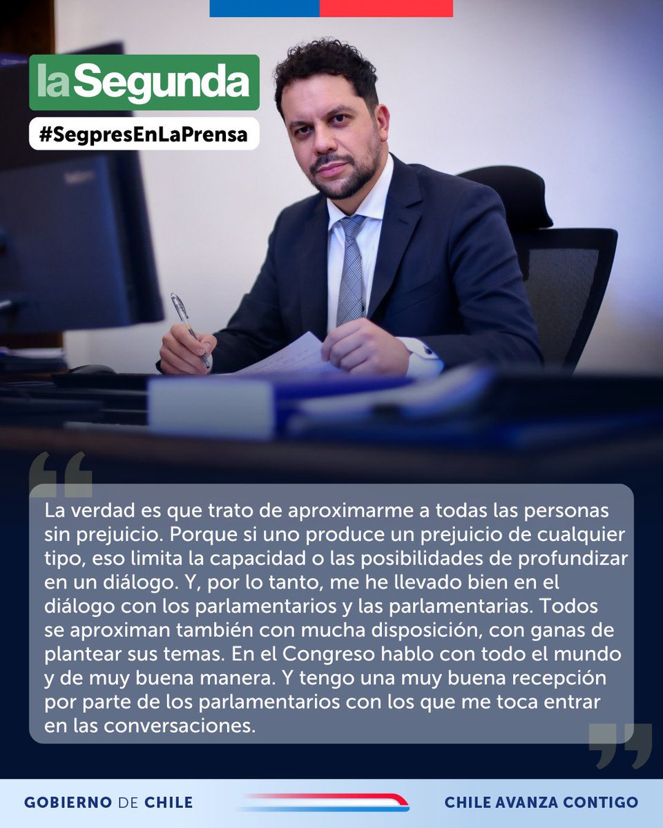 Segpres's tweet photo. Hoy en entrevista con @La_Segunda 🗞️ el subsecretario Facuse reflexionó sobre el rol transformador de la política, el valor del trabajo colectivo y la importancia de combinar convicciones con pragmatismo para avanzar, incluso en contextos difíciles, para mejorar la calidad de vida de las personas 🇨🇱

“La política es una herramienta para mejorar la vida de las personas. Y si se puede aportar desde las ideas y convicciones, se hace con alegría y energía”, enfatizó 🗣️