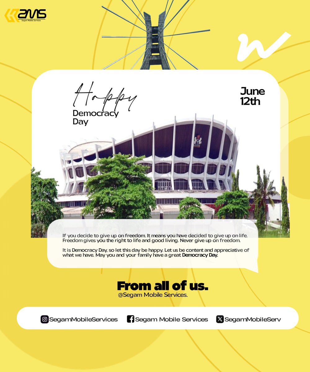 SegamMobileServ's tweet photo. Power to the people! Connecting Nigerians, one SEG at a time. Happy Democracy Day from Segam Mobile Services. 

#DemocracyDay #June12 #SegamMobileServices https://t.co/b22viOvtT5