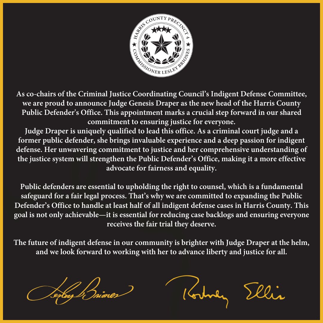 A statement from Commissioner Lesley Briones and Rodney Ellis on the appointment of Judge Genesis Draper as the new Harris County Chief Public Defender. #hounews