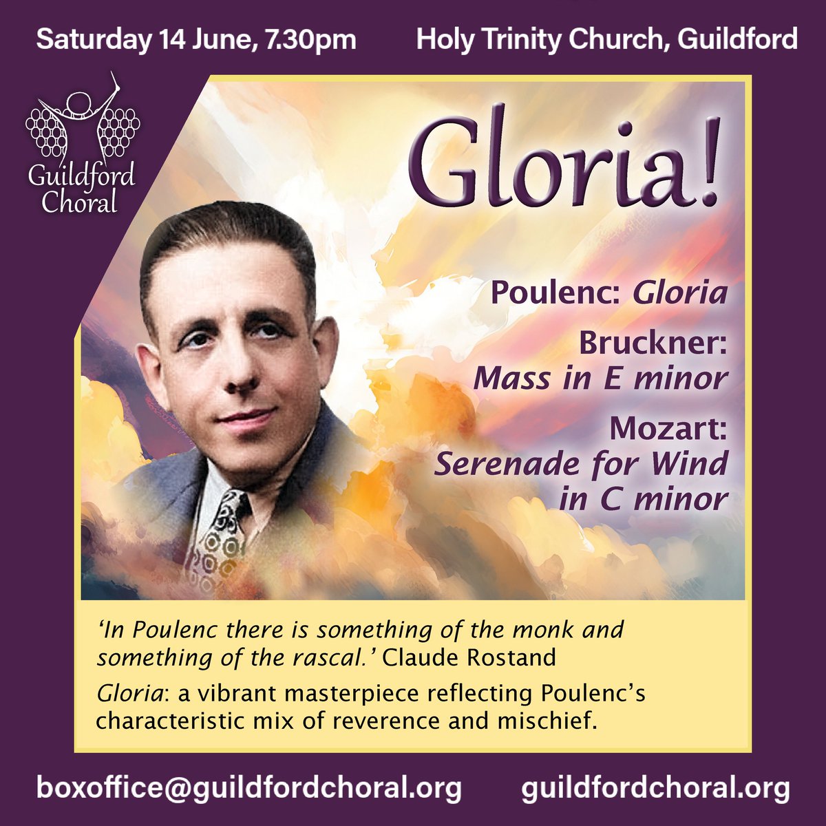 GuildfordChoral's tweet image. GLORIA! Sat 14 June 7.30pm at Guildford&apos;s Holy Trinity Church. With @SouthernProMus, Soprano Susanna Davis and Conductor @Willcocks_J  buy your tickets via guildfordchoral.org or ticketsource.co.uk/guildfordchoral @PaulSpicer6 @ExperienceGford @guildforddragon @bridge_geoffrey