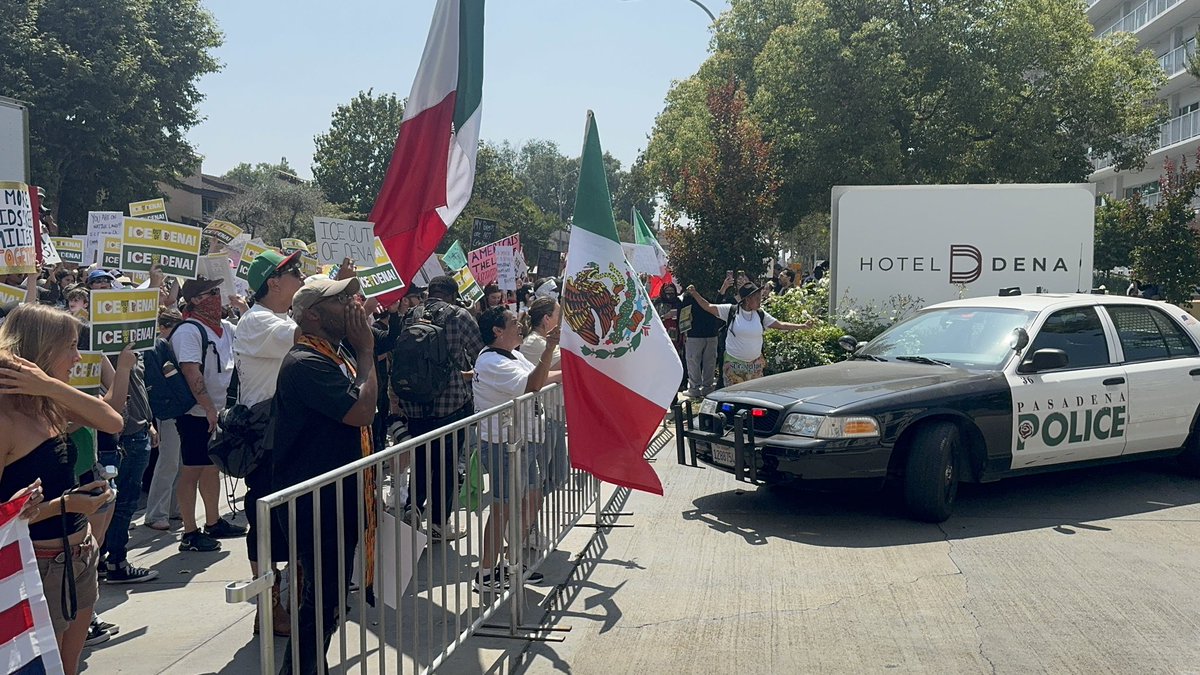 Hundreds of protesters rally at Pasadena City Hall and march throughout the city stopping at hotels where ICE agents are rumored to be staying, yelling "ICE out of Dena" and "don’t make us come back"