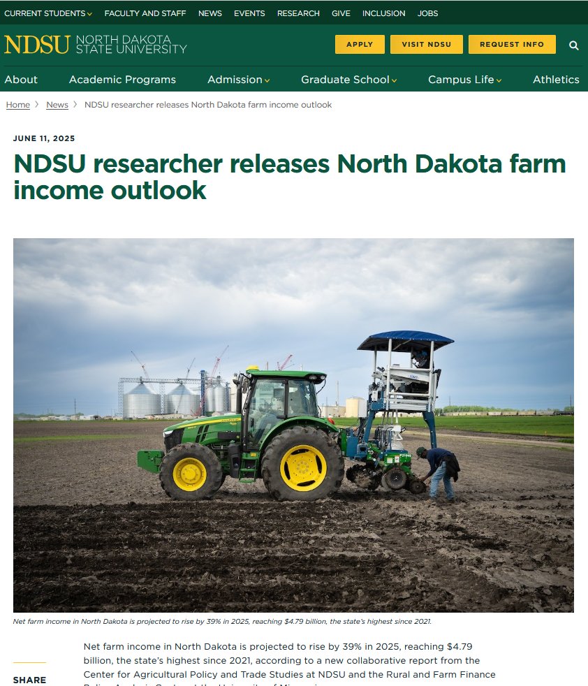NDAgExpStation's tweet image. 📈 ND net farm income is projected to rise 39% in 2025, hitting $4.79B—the highest since 2021.
But the increase is policy-driven, not market-based, with $3B in federal payments.
A 48% drop is forecast in 2026.
Read more ndsu.edu/news/ndsu-rese…