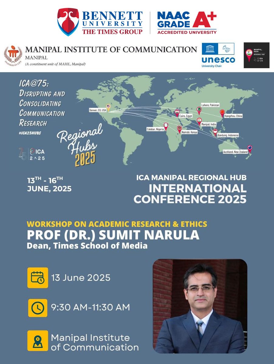 bennettuniv's tweet image. Proud moment for Bennett University as Prof. (Dr.) Sumit Narula, Dean, Times School of Media, Bennett University leads a workshop on Research &amp;amp; Ethics at ICA Manipal 2025.
#BennettUniversity #ICAManipal2025 #ResearchEthics