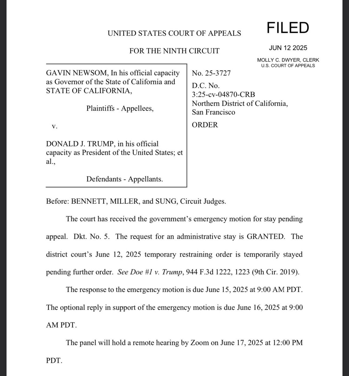 Elex Michaelson (@elex_michaelson) on Twitter photo #BREAKING 9th Circuit Court of Appeals GRANTS Pres. <a href="/realDonaldTrump/">Donald J. Trump</a>โs motion to โstayโ the National Guard decision pending appeal.
That means <a href="/GavinNewsom/">Gavin Newsom</a> will NOT take over Californiaโs National Guard tomorrow.
A hearing is scheduled for June 17th. #BREAKING 9th Circuit Court of Appeals GRANTS Pres. <a href="/realDonaldTrump/">Donald J. Trump</a>โs motion to โstayโ the National Guard decision pending appeal.
That means <a href="/GavinNewsom/">Gavin Newsom</a> will NOT take over Californiaโs National Guard tomorrow.
A hearing is scheduled for June 17th.