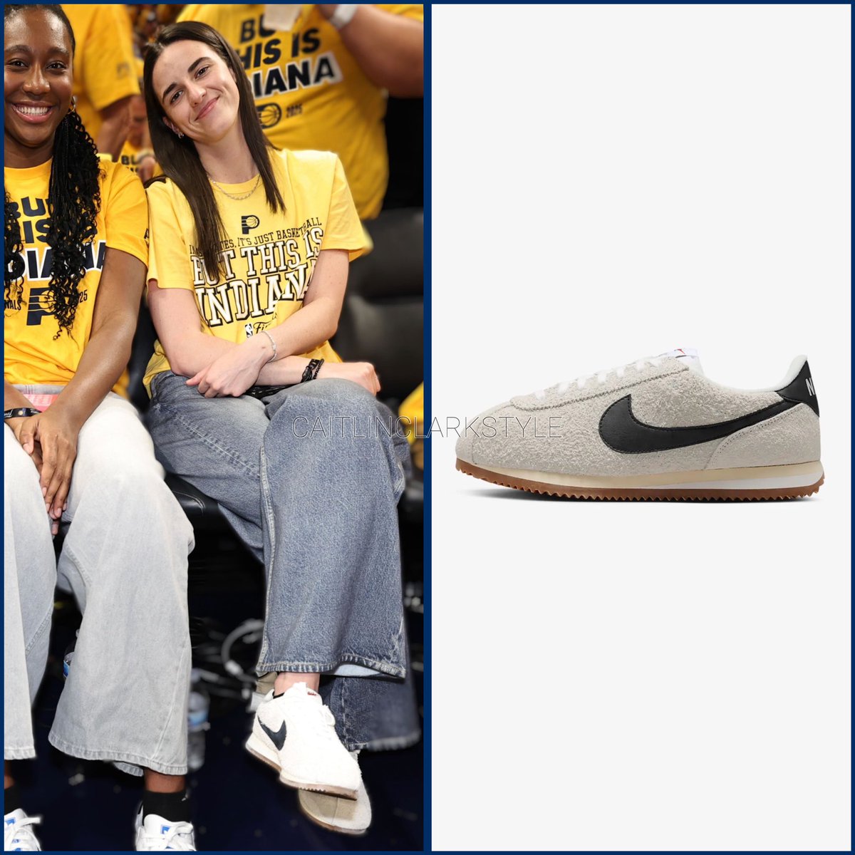 caitlinclarksty's tweet image. June 11, 2025: @CaitlinClark22 at Pacers vs Thunder | Indianapolis, Indiana | wearing @Nike Cortez Vintage Suede. Shop: resale starts at $91 go.shopmy.us/p-19566218 #KCPartner