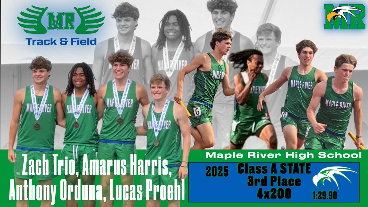 MRTandF's tweet image. Congratulations Zach Trio, Amarus, Harris, Anthony Orduna and Lucas Proehl on your 3rd place finish in the 4x200 at the Class A State Meet! Your time of 1:29.90 set a new Maple River School Record in the 4x200! #wearemapleriver