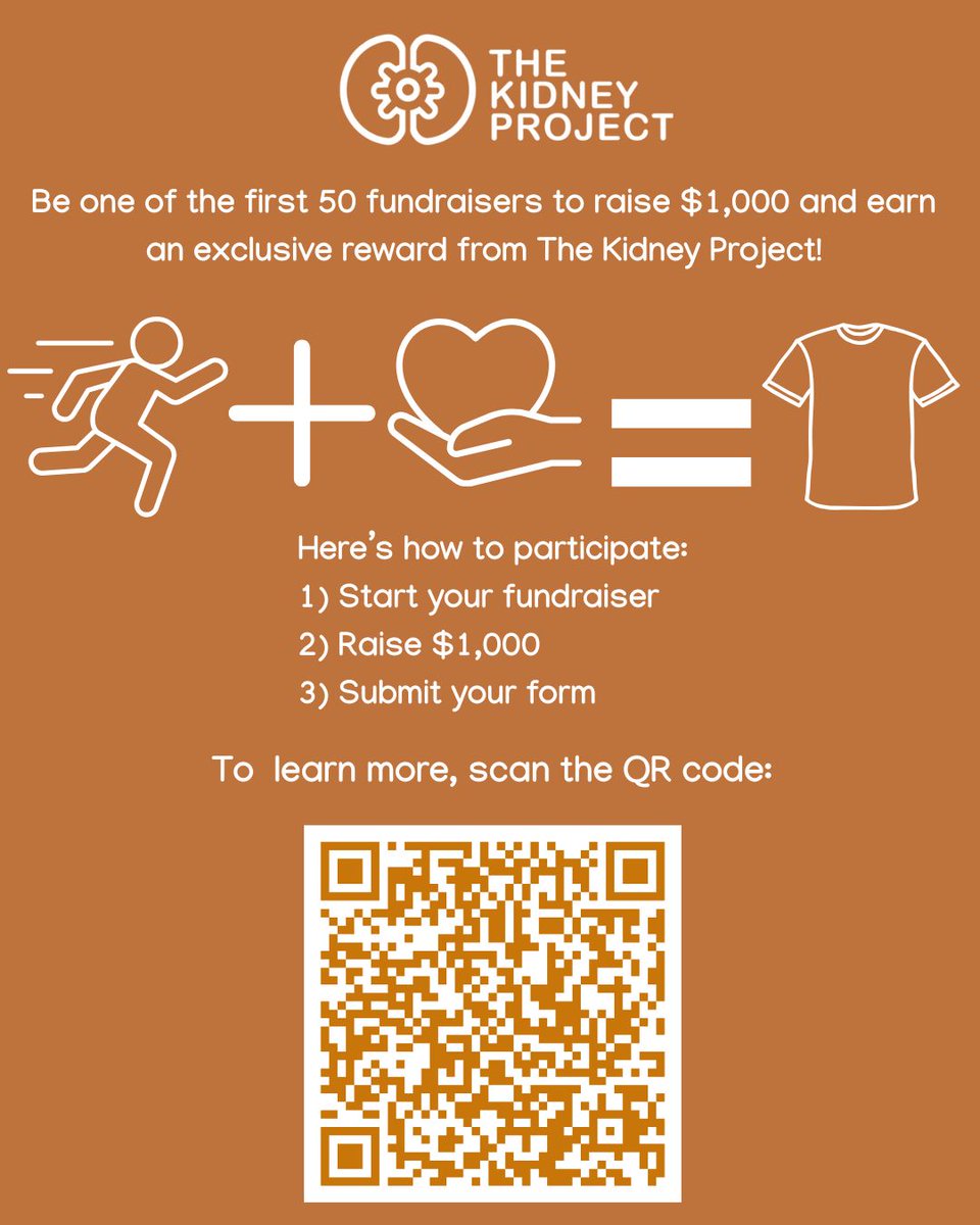 Raise $1,000.💥

Claim your exclusive Kidney Project shirt.🧡

Be one of the first 50 fundraisers and help move kidney innovation forward—one mile and one dollar at a time.