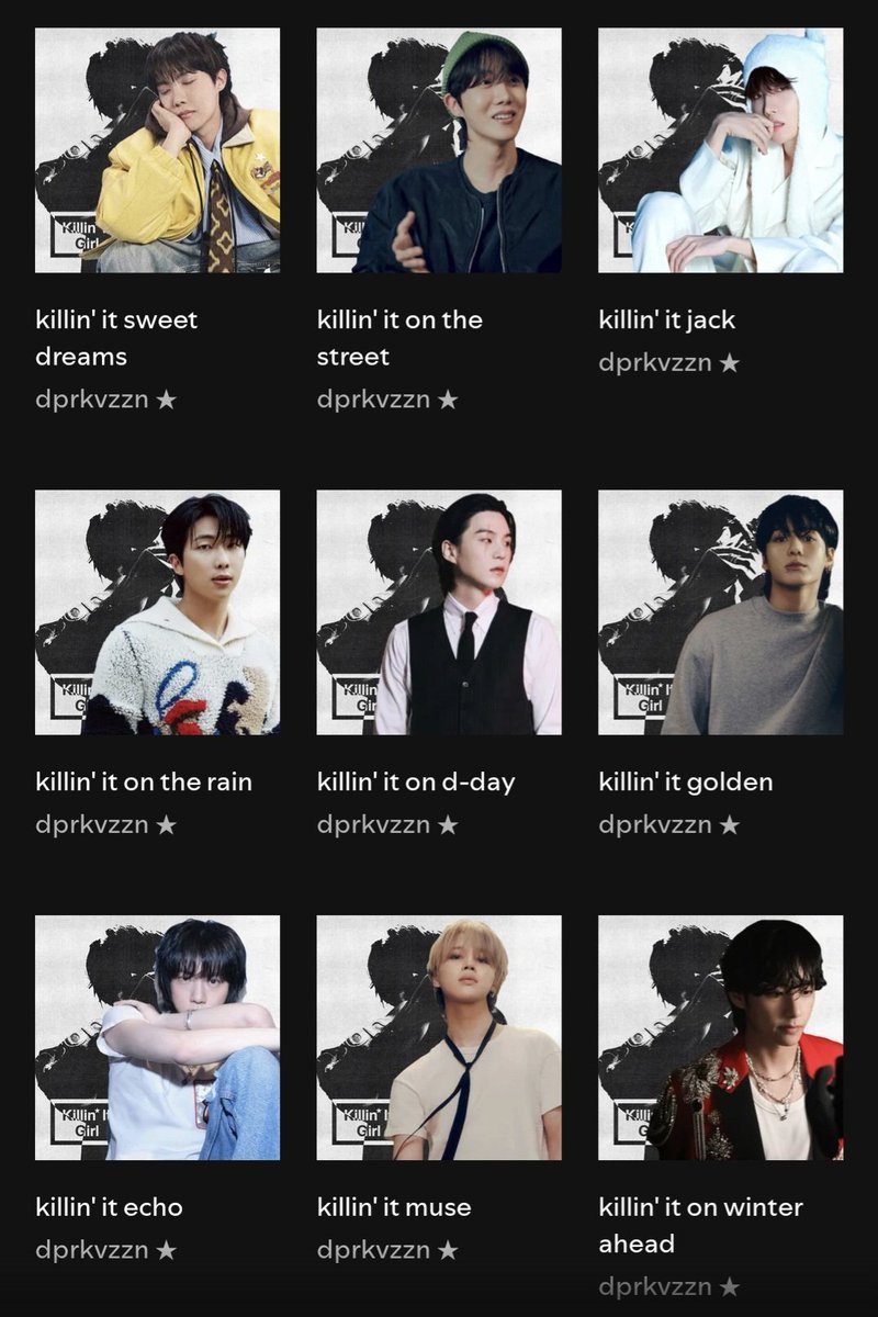 dprkvzzn's tweet photo. — hilo de playlists en spotify focus "killin' it girl" + proyectos/lanzamientos individuales de bangtan, rt para difundir 🎯🎬⭐️!! @bts_twt https://t.co/OxGWAEvt3z