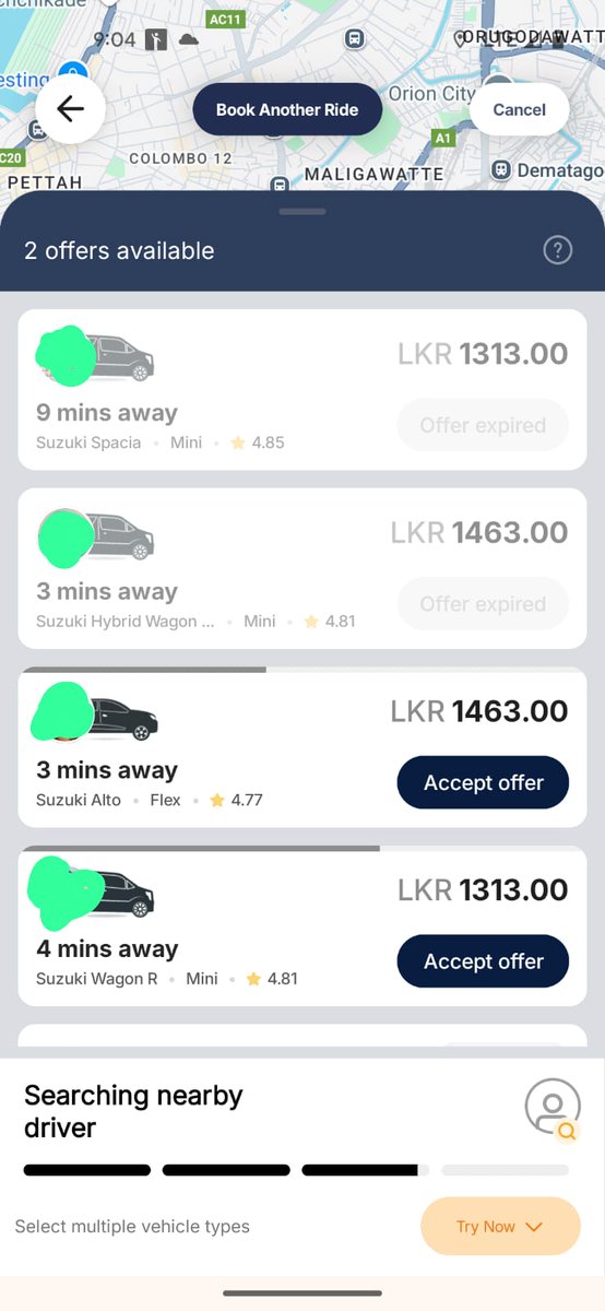 Interesting strategy by <a href="/PickMeLK/">PickMe (Sri Lanka)</a> . For reference, the fare estimate was around 950.  Not a great feature tbh- I don't want to have to monitor offers for trips unless it's something I opt in for upfront (I like like Uber's approach of adding a tip for priority better)