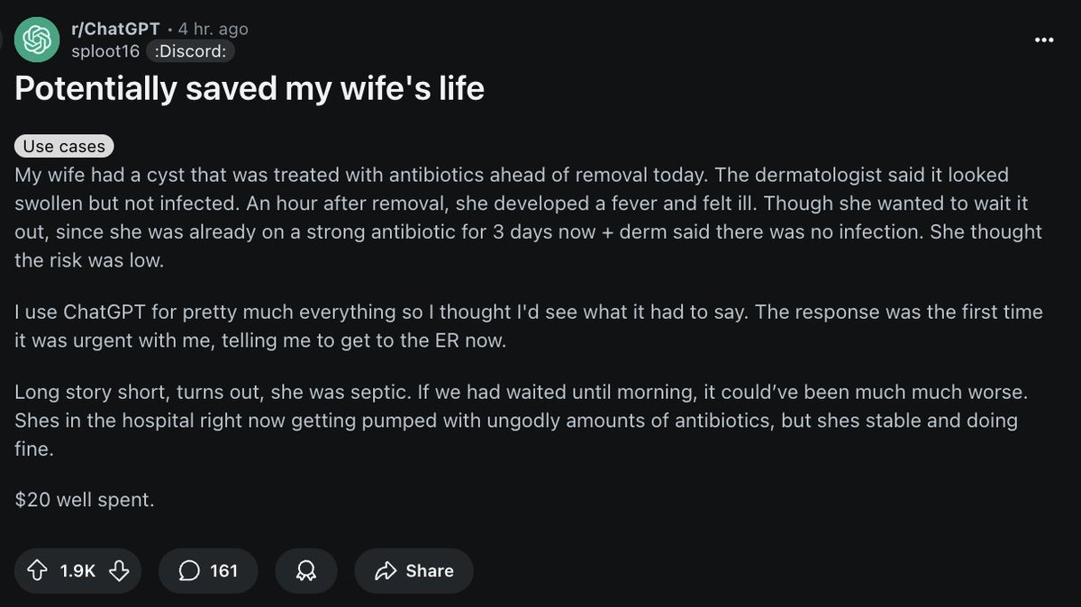 Redditor says ChatGPT saved his wife's life by correcting a doctor's fatal misdiagnosis. 

Comments are filled with people sharing their own stories. 

I don't understand the AI haters at all. This technology saves lives.