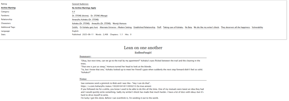Endlessao3's tweet photo. "Lean on one another"
Relationship: Amaryllis/Kohaku #Koharyllis #fanfiction
Characters: Kohaku, Amaryllis, Momiji Homura
Tags: Sickfic, Or Kohaku gets hurt, Alternate Universe - Modern Setting, Established Relationship, Fluff
https://t.co/DnOsiG08At https://t.co/b4ZjsYlbdy