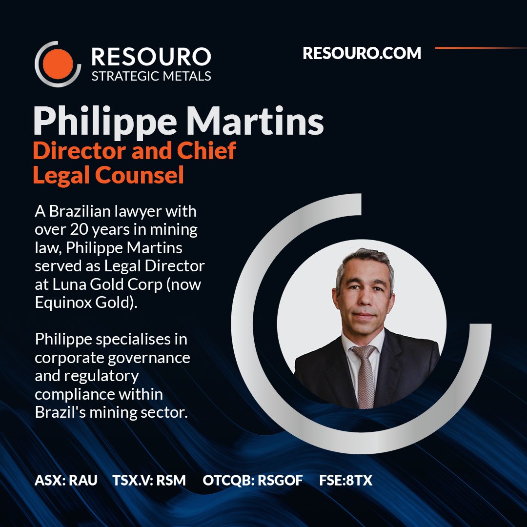 Meet Phillippe Martins, Resouro’s Director and Chief Legal Counsel. With over 20 years’ experience in mining law, he specialises in corporate governance and regulatory compliance in Brazil’s mining sector.

Learn more: resouro.com/about-us/#mana…