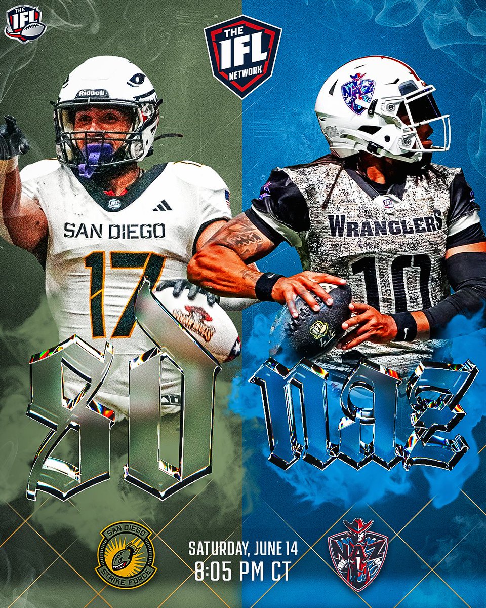 Indoor Football League (@indoorfl) on Twitter photo The <a href="/sdstrikeforce/">San Diego Strike Force</a> heads to face the <a href="/NazWranglers/">NAZ Wranglers</a> in a battle between two teams fighting to stay in the West playoff race. With time running out and every game carrying weight, expect both sides to bring the urgency on Saturday night.
🕗 8:05 PM CT
🖥️ dub.sh/3q0B9gX The <a href="/sdstrikeforce/">San Diego Strike Force</a> heads to face the <a href="/NazWranglers/">NAZ Wranglers</a> in a battle between two teams fighting to stay in the West playoff race. With time running out and every game carrying weight, expect both sides to bring the urgency on Saturday night.
🕗 8:05 PM CT
🖥️ dub.sh/3q0B9gX