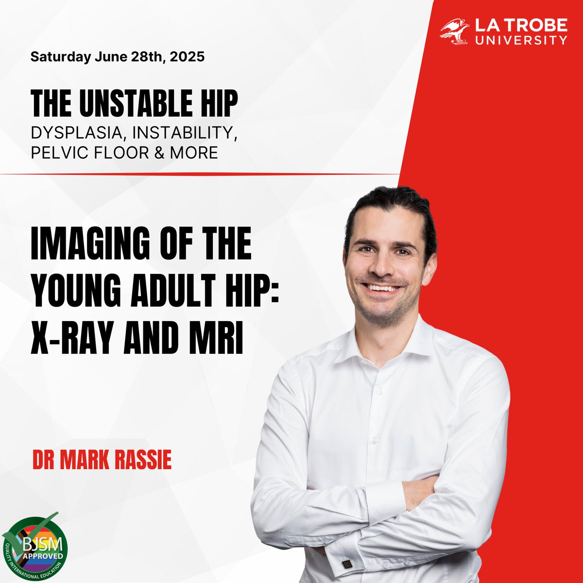 Exactly 2 weeks to go for The Unstable Hip Symposium 💥
Dr Mark Rassie will be joining us to talk all about hip X-ray and MRI.
Haven't signed up yet ? Follow the link below, you still can ⬇️
latrobe.edu.au/events/all/sym…
#LASEM #LTU #MSK #theunstablehip #symposium #hippain #radiologist