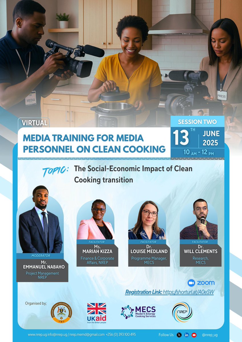 National Renewable Energy Platform (NREP) 🇺🇬 (@nrep_uganda) on Twitter photo Day 2 of the virtual Media Personnel training on clean cooking.
The session is today from 10am to 12 pm on “The Social-Economic Impact of Clean Cooking Transition."
The event moderator is Emmanuel Nabaho (Project Management, NREP)
Facilitated by;
✅ <a href="/KizzaMariah/">Mariah Kizza</a> _Finance & Day 2 of the virtual Media Personnel training on clean cooking.
The session is today from 10am to 12 pm on “The Social-Economic Impact of Clean Cooking Transition."
The event moderator is Emmanuel Nabaho (Project Management, NREP)
Facilitated by;
✅ <a href="/KizzaMariah/">Mariah Kizza</a> _Finance &