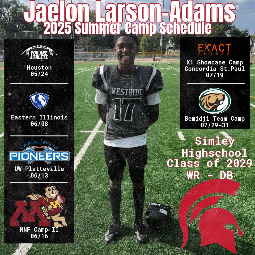 jaelarsonadams's tweet image. Here are the camps I will be attending this summer:

You Are Athlete-Chicago
You Are Athlete-Houston 
Eastern Illinois University Prospect Camp
UW-Platteville Prospect Camp
University of Minnesota MNF Camp II
X1 Showcase Camp Concordia-St. Paul
Bemidji Team Camp