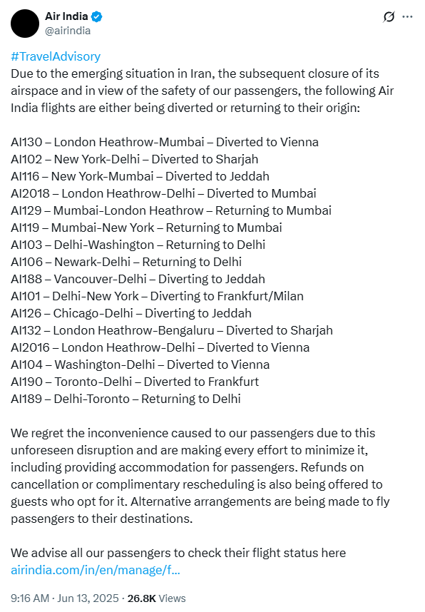 ANI's tweet photo. Due to the emerging situation in Iran, the subsequent closure of its airspace and in view of the safety of our passengers, the following Air India flights are either being diverted or returning to their origin... Refunds on cancellation or complimentary rescheduling is also being offered to guests who opt for it. Alternative arrangements are being made to fly passengers to their destinations: Air India