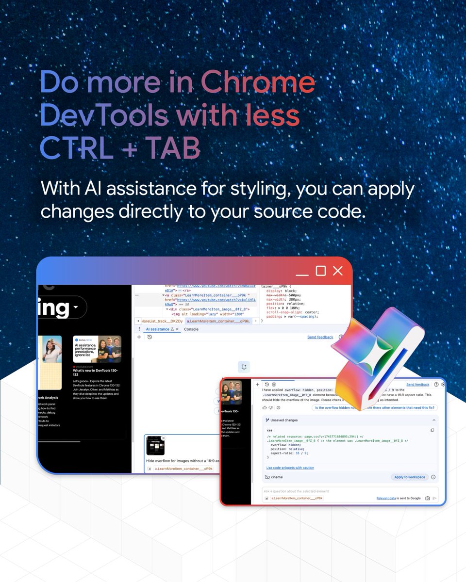 ChromiumDev's tweet image. Missed the Chrome DevTools updates from #GoogleIO?

1️⃣ Do more with less CTRL+TAB! Streamlined debugging, privacy features &amp;amp; AI-assisted styling
2️⃣ Troubleshoot like a pro w/ AI in the Performance Panel! Gemini (cont) spklr.io/l/6014B6tHs