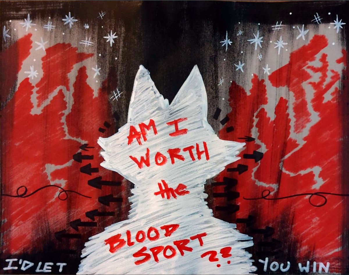 Here2Express's tweet image. "Blood Sport" - by Addy Vi (FWA2025)
I made loving you a blood sport I can't win

I commissioned @DatUniwulf this at #FWA25 and was given a simple prompt. A song I've been listening to, and what has been weighing on my mind? 

What's on my mind ill keep to myself, but the song…