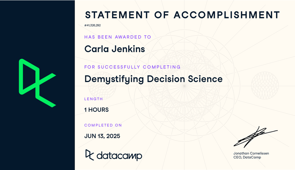 carlarjenkins's tweet image. #FridayMotivation Just completed this #DecisionScience @DataCamp course right after midnight! Used @DataWomen #scholarship.
