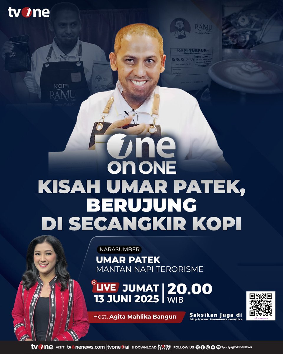 tvOneNews's tweet photo. Umar Patek yang dulu dikenal sebagai perakit b*m, kini memulai lembaran hidup baru, sebagai peracik kopi. 

Setelah bebas bersyarat pada tahun 2022, Umar kesulitan untuk memulai kehidupan baru karena stigma negatif yang melekat di dirinya. 

Umar berharap usahanya menjadi peramu kopi bisa membantu masyarakat, termasuk membantu keluarga penyintas B*m Bali. 

Saksikan One on One malam ini pukul 20.00 WIB di tvOne & live streaming di https://t.co/gHdyIDQ7lp
#OneonOnetvOne #CariBeritaditvOne #PromoFTA