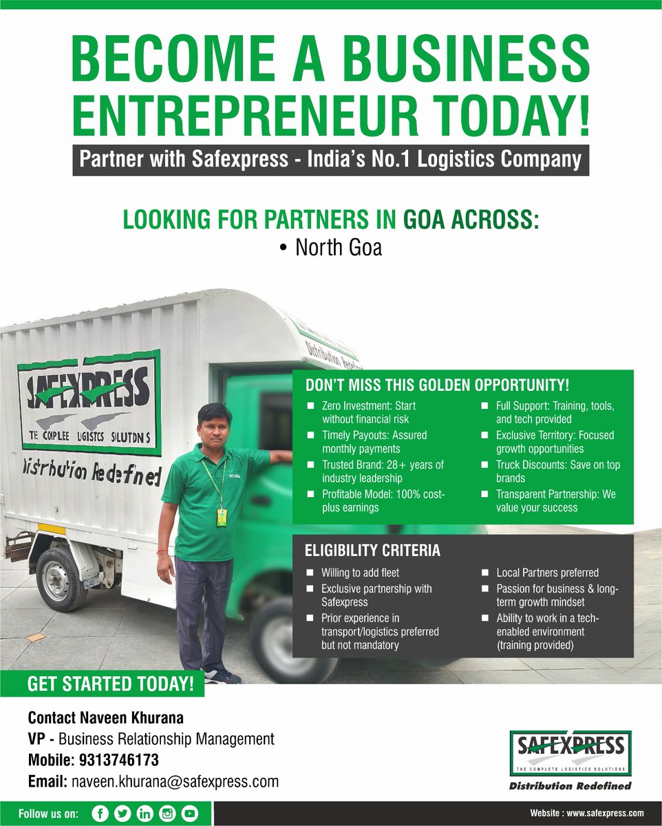 Safexpress (@safexpress) on Twitter photo #Goa
We're looking for passionate entrepreneurs to partner with Safexpress, India’s #1 logistics company!
Build your own success story with the best in the industry.
Contact: Mr. Naveen Khurana – 9313746173
naveen.khurana@safexpress.com #Goa
We're looking for passionate entrepreneurs to partner with Safexpress, India’s #1 logistics company!
Build your own success story with the best in the industry.
Contact: Mr. Naveen Khurana – 9313746173
naveen.khurana@safexpress.com