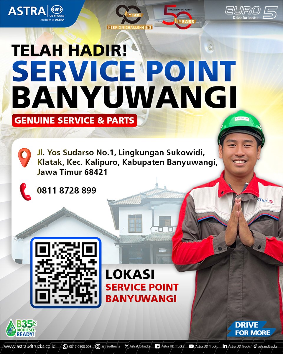 AstraUDTrucks's tweet image. Hallo UD Truckers,

Bingung servis truk di Banyuwangi? Nggak lagi!

Astra UD Trucks kini buka Service Point di Banyuwangi, tentunya dengan standarisasi yang sama, sparepart asli dan mekanik andal.

Truk prima, cuan jalan terus!

#Banyuwangi #ServicePoint #AstraUDTrucks