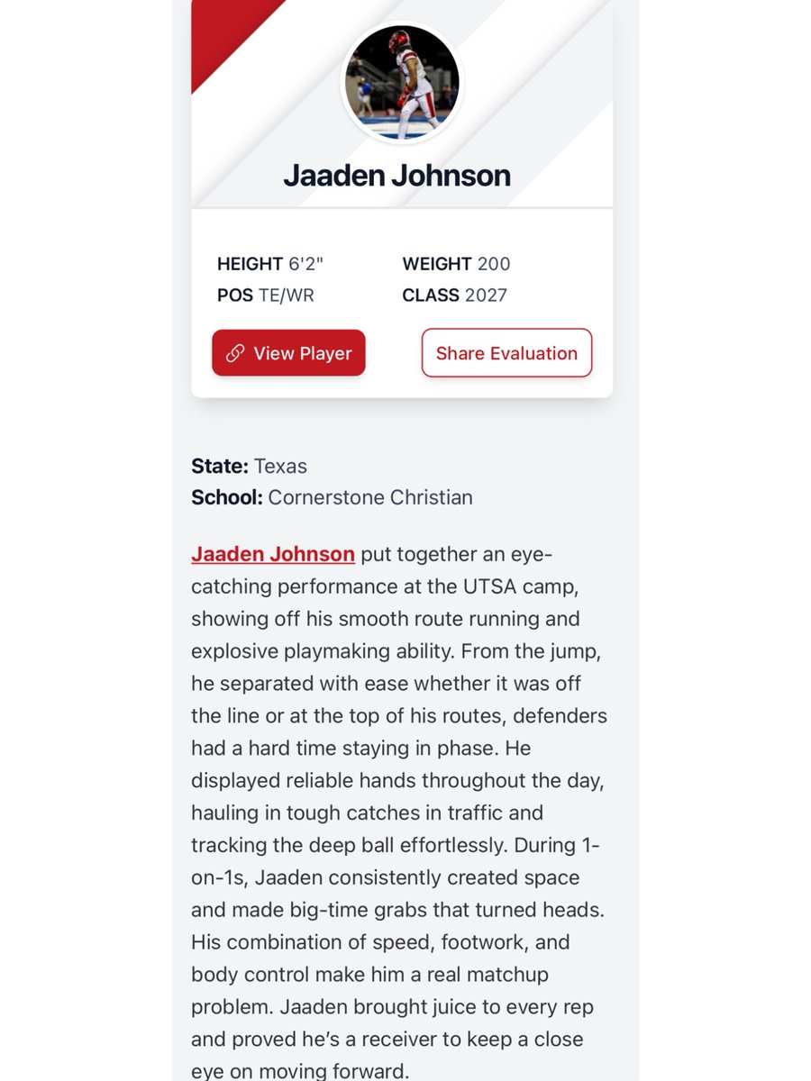 Jaaden Johnson (@jaadenjohnson) on Twitter photo Appreciate the recognition following the <a href="/UTSAFTBL/">UTSA Football ๐</a> camp today. Grateful for the opportunity to compete in front of the staff & looking to keep improving.
<a href="/CCSRecruitingFB/">Cornerstone Football Recruiting</a> <a href="/coach9cg/">Clayton Guillory</a> <a href="/CoachJP3/">Joe Price III</a> <a href="/J_Warrick/">Jacorey โPeteyโ Warrick</a> <a href="/PrepRedzoneTX/">Prep Redzone Texas</a> <a href="/kcolesports/">Kimberly Cole</a> <a href="/TXPrivateFBGuy/">Texas Private School Football</a> <a href="/JButler_210/">Josh Butler</a> <a href="/BDammone/">Along The Wire</a> <a href="/_RL_Martin/">R.L. Martin</a> Appreciate the recognition following the <a href="/UTSAFTBL/">UTSA Football ๐</a> camp today. Grateful for the opportunity to compete in front of the staff & looking to keep improving.
<a href="/CCSRecruitingFB/">Cornerstone Football Recruiting</a> <a href="/coach9cg/">Clayton Guillory</a> <a href="/CoachJP3/">Joe Price III</a> <a href="/J_Warrick/">Jacorey โPeteyโ Warrick</a> <a href="/PrepRedzoneTX/">Prep Redzone Texas</a> <a href="/kcolesports/">Kimberly Cole</a> <a href="/TXPrivateFBGuy/">Texas Private School Football</a> <a href="/JButler_210/">Josh Butler</a> <a href="/BDammone/">Along The Wire</a> <a href="/_RL_Martin/">R.L. Martin</a>
