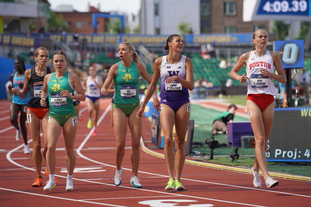 FloTrack's tweet photo. All smiles for Sophie O'Sullivan 😁

She goes 4:09.39 to lead all qualifiers through the opening round of the 1500m.

🦆 The Oregon Ducks send 3️⃣ women through to the final.

Shannon Flockhart and Bahiya El Arfaoui, the top two seeds, fail to advance.

1500m Women's Qualifiers ⬇️
---
 Sophie O'Sullivan (Washington) – 4:09.39
 Mia Barnett (Oregon) – 4:09.61
 Klaudia Kazimierska (Oregon) – 4:09.94
 Lindsey Butler (Virginia Tech) – 4:10.16 
 Mena Scatchard (Princeton) – 4:10.23
 Vera Sjoberg (Boston U.) – 4:10.59 
 Chloe Foerster (Washington) – 4:10.62 
 Maggi Congdon (Northern Arizona) – 4:11.04 
 Margot Appleton (Virginia) – 4:11.64
 Silan Ayyildiz (Oregon) – 4:11.65 
 Salma Elbadra (South Carolina) – 4:11.67 
 Kimberley May (Providence) – 4:12.0

#NCAAOutdoors
📸 abrownmedia
