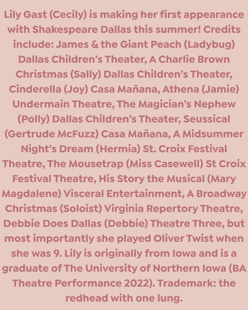 shakespearedal's tweet photo. CAST SPOTLIGHT-LILY GAST
Want to see Lily onstage? Grab your tickets π https://t.co/oMa3MpP3IR
#ShakespeareDallas #ShakespeareinthePark #supportthearts #DallasArts #DallasTheatre #theatre #acting #play #arts #theatrearts #WhatsaBard #earnest #importanceofbeingearnest https://t.co/hpNPIxv2QL