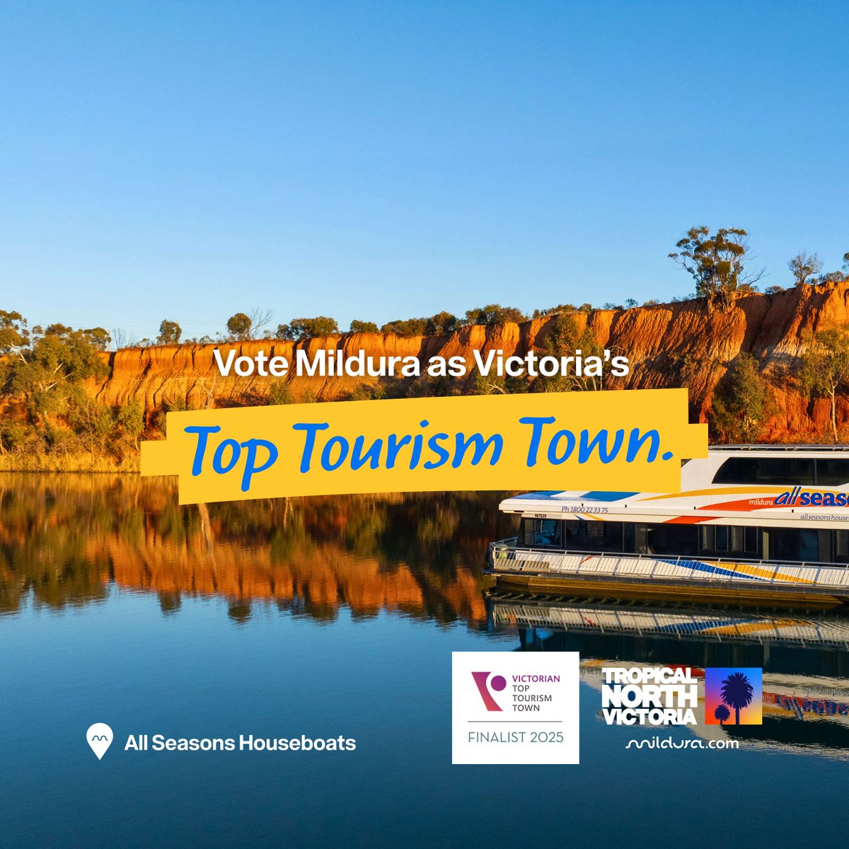 Mildura is officially a finalist in the Victorian Top Tourism Town Awards - and we need your help! By voting, you will enter the draw to win ‘one perfect Melbourne stay’.

Cast your vote here ➡️ t2m.io/TopTourismTown…