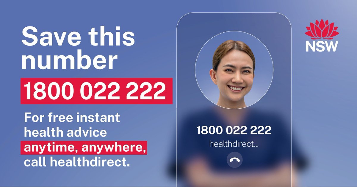 📞 Save this number – Call healthdirect on 1800 022 222 for free instant health advice anywhere, anytime, across NSW. For translated information visit 
health.nsw.gov.au/callhealthdire… #NSWHealth