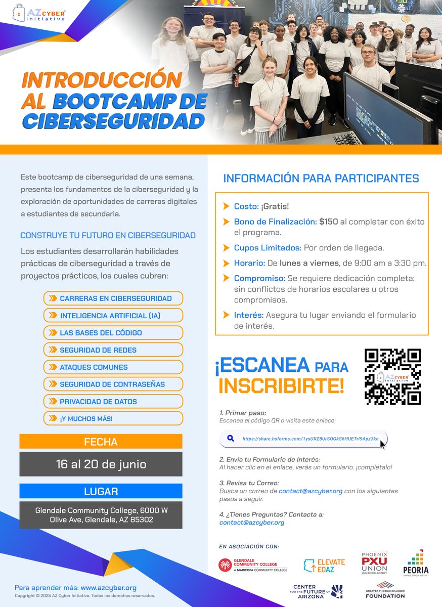 az_cyber's tweet image. Hey students! Are you ready to dive into the world of #CyberSecurity and kickstart a potential career in #Tech? We still have a few spots left in our Intro to #CyberBootcamp happening NEXT WEEK, June 16-20, at Glendale Community College!