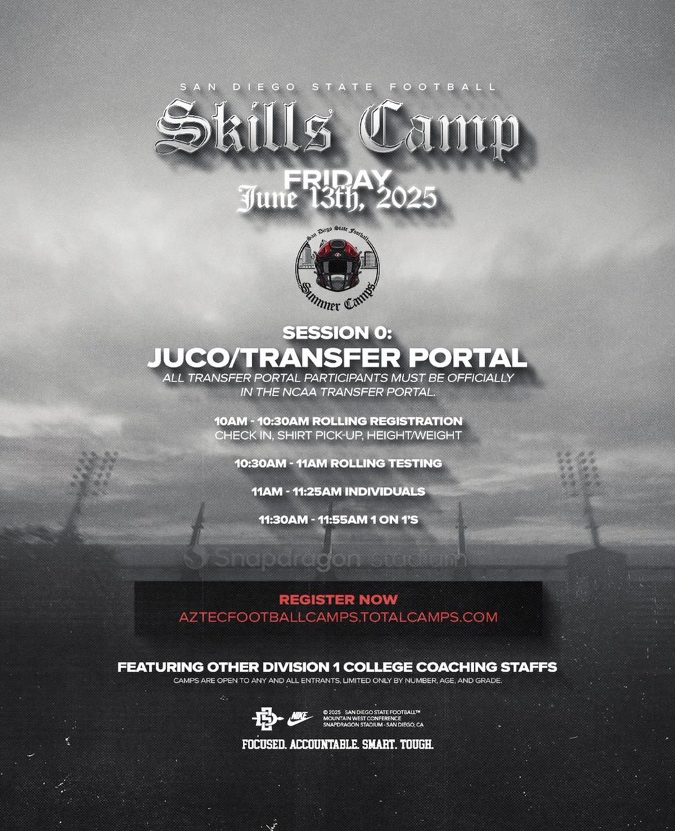 I will be attending the <a href="/AztecFB/">San Diego State Football</a> Skills camp tomorrow June 13th in JUCO Skills Session!! Ready to compete!! <a href="/COACH_AYE29/">Arnold Escaño | Defensive Back Specialist</a> <a href="/CoachMattyJ/">Matty J 🏹</a> <a href="/CoachRLindley/">Ryan Lindley</a> <a href="/SDSU_CalebDavis/">Caleb Davis</a> <a href="/DarianLH3/">Darian Hagan SDSU</a> <a href="/coachswolebol/">Jeff Sobol</a> <a href="/SeanDillonSDSU/">Sean Dillon</a> <a href="/CoachSumlerSDSU/">Demetrius Sumler</a> <a href="/TheHC_CoachLew/">🔴 Sean Lewis ⚫️</a> <a href="/TevitaLose/">Tevita Lose</a> <a href="/RobAurich/">Coach Aurich</a> <a href="/CoachSampson3/">Lanear Sampson</a>