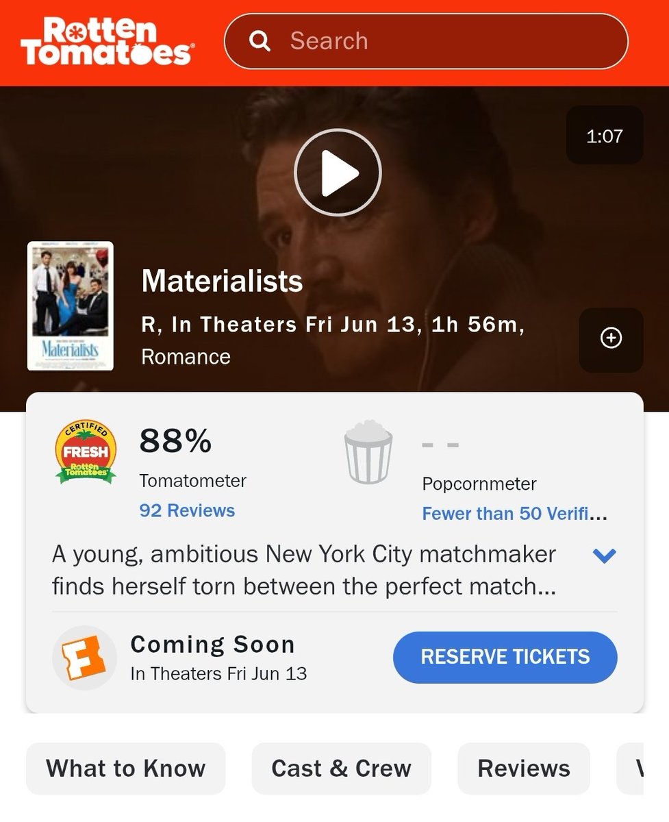 DiscussingFilm's tweet photo. Celine Song’s ‘MATERIALISTS’, starring Dakota Johnson, Pedro Pascal and Chris Evans, is now Certified Fresh on Rotten Tomatoes at 88%

Read our review: https://t.co/aj3IW32qQp https://t.co/8NuhcOJyhy