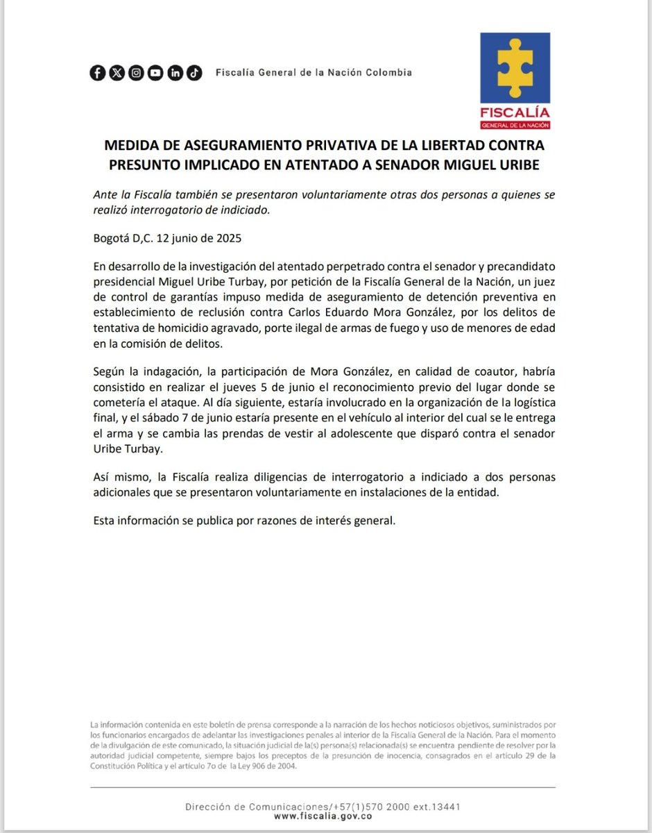 La Fiscalía General de la Nación logró medida de aseguramiento privativa de la libertad contra presunto implicado en el atentado al senador Miguel Uribe Turbay

Información completa aquí: tinyurl.com/26m7z5rq
