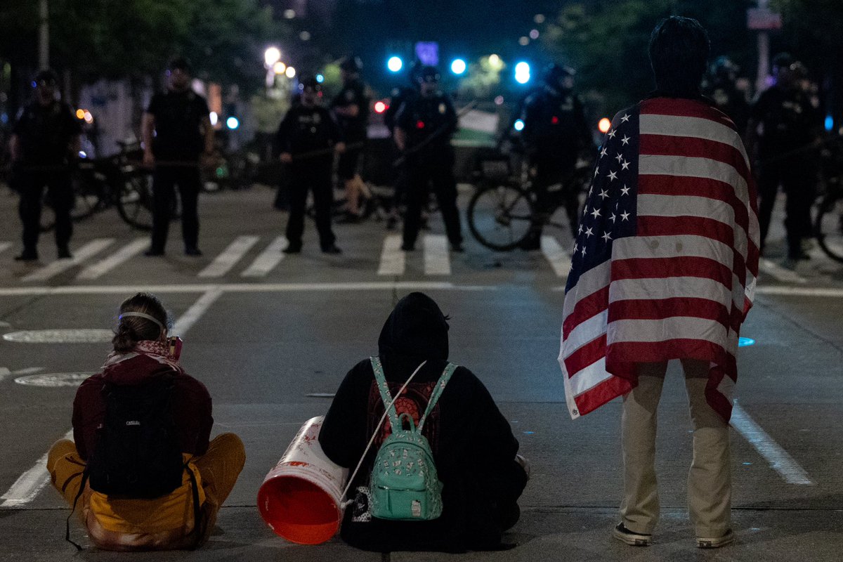 After a peaceful march from through the streets of Seattle, a much smaller group of protestors lit a dumpster on fire provoking a police response and arrests by SPD on June 11, 2025 in Seattle, Washington.

For <a href="/GettyImages/">Getty Images</a>