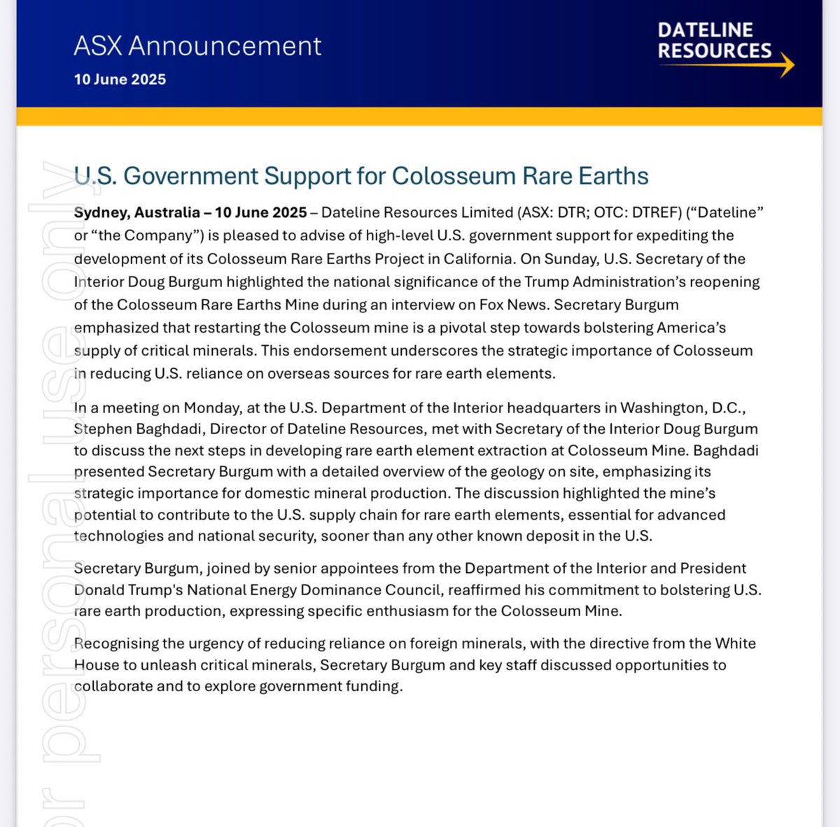 $MP the only rare earths mining company in US. $DTREF will soon be the second. Company has stated that they will be mining REEs sooner than any other deposits in US. Note that they also have 1.1M plus oz GOLD and will be receiving government investment for REE <a href="/unusual_whales/">unusual_whales</a>