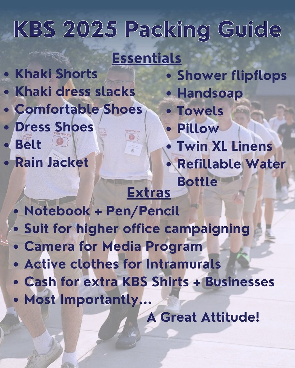 KBS 2025 is almost here—are you ready?

Start the week off strong by coming prepared. Pack for all weather (rain is expected), bring a refillable water bottle, and don’t forget to show up with a good attitude! 

Make sure to follow along for updates throughout the week.