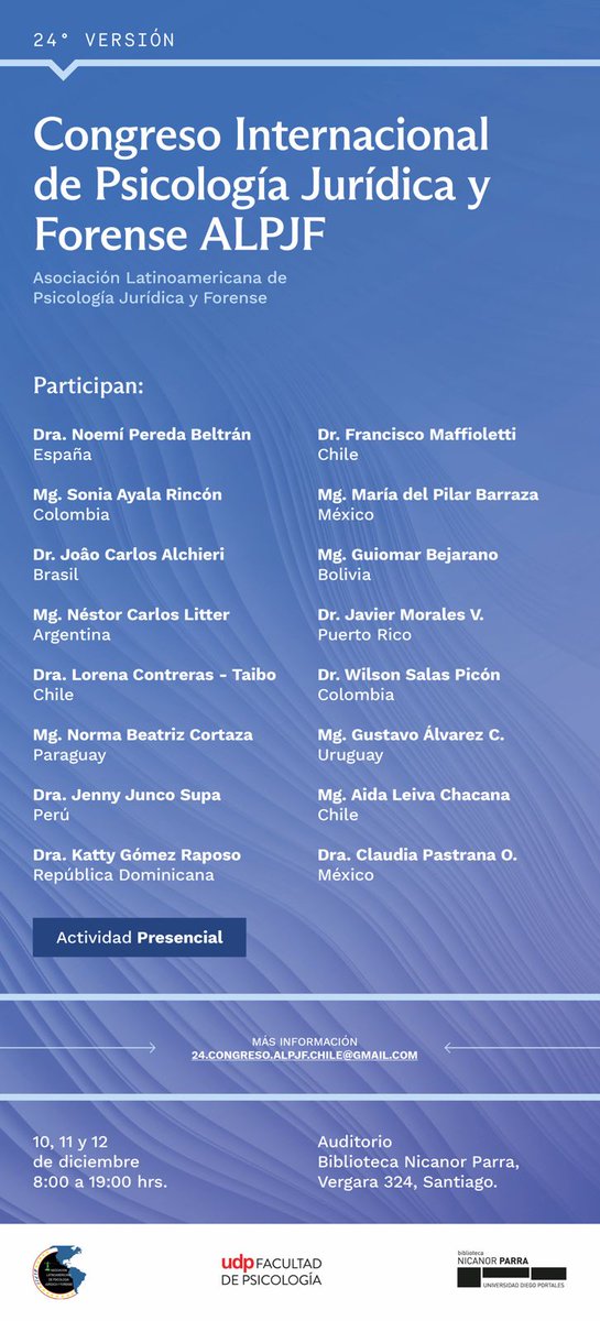 alpjf's tweet photo. 24º CONGRESO INTERNACIONAL DE PSICOLOGÍA JURÍDICA Y FORENSE ALPJF FECHA: 10, 11 y 12 de diciembre de 2025  Auditorio Biblioteca Nicanor Parra, Vergara 324 (Santiago Centro) INFORMACIÓN: 24.congreso.alpjf.chile@gmail.com  ¡INSCRIPCIÓN EN https://t.co/PeMWzCO46E
! https://t.co/mex6UmAIKu