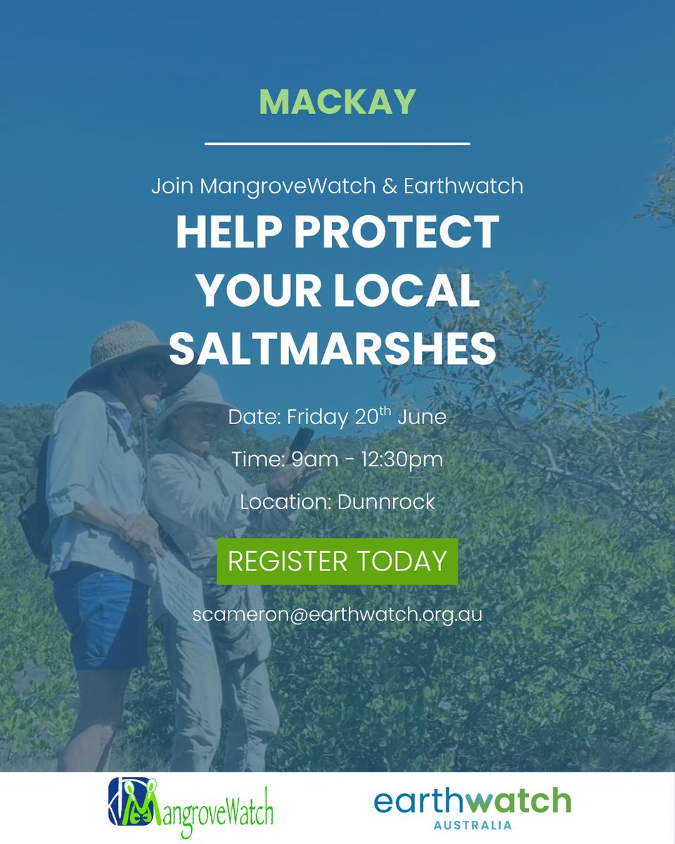 Earthwatch Australia (@earthwatch_aus) on Twitter photo 🌱 Join us in Mackay to help protect your local saltmarshes! 🦀
📍 Where: Dunnrock, Mackay
📅 When: Friday 20th June | 9am–12:30pm
📝 Register: Email scameron@earthwatch.org.au 🌱 Join us in Mackay to help protect your local saltmarshes! 🦀
📍 Where: Dunnrock, Mackay
📅 When: Friday 20th June | 9am–12:30pm
📝 Register: Email scameron@earthwatch.org.au