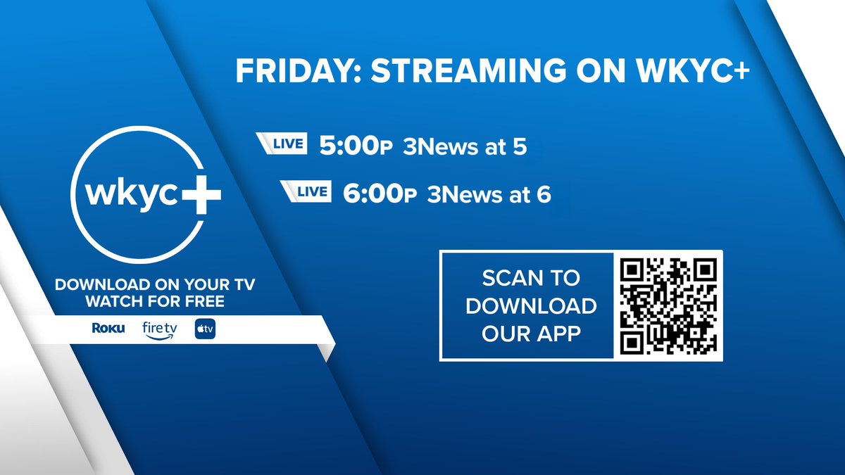 MacekNewsNation's tweet image. PROGRAM NOTE: The U.S. Open airs Friday on Channel 3, but @wkyc newscasts at 5 &amp;amp; 6PM will still stream LIVE on WKYC+ 📺 Watch FREE on Roku, Fire TV &amp;amp; Apple TV. Scan the QR code to get the app! #3News #StreamingNews #ClevelandNews #3weather