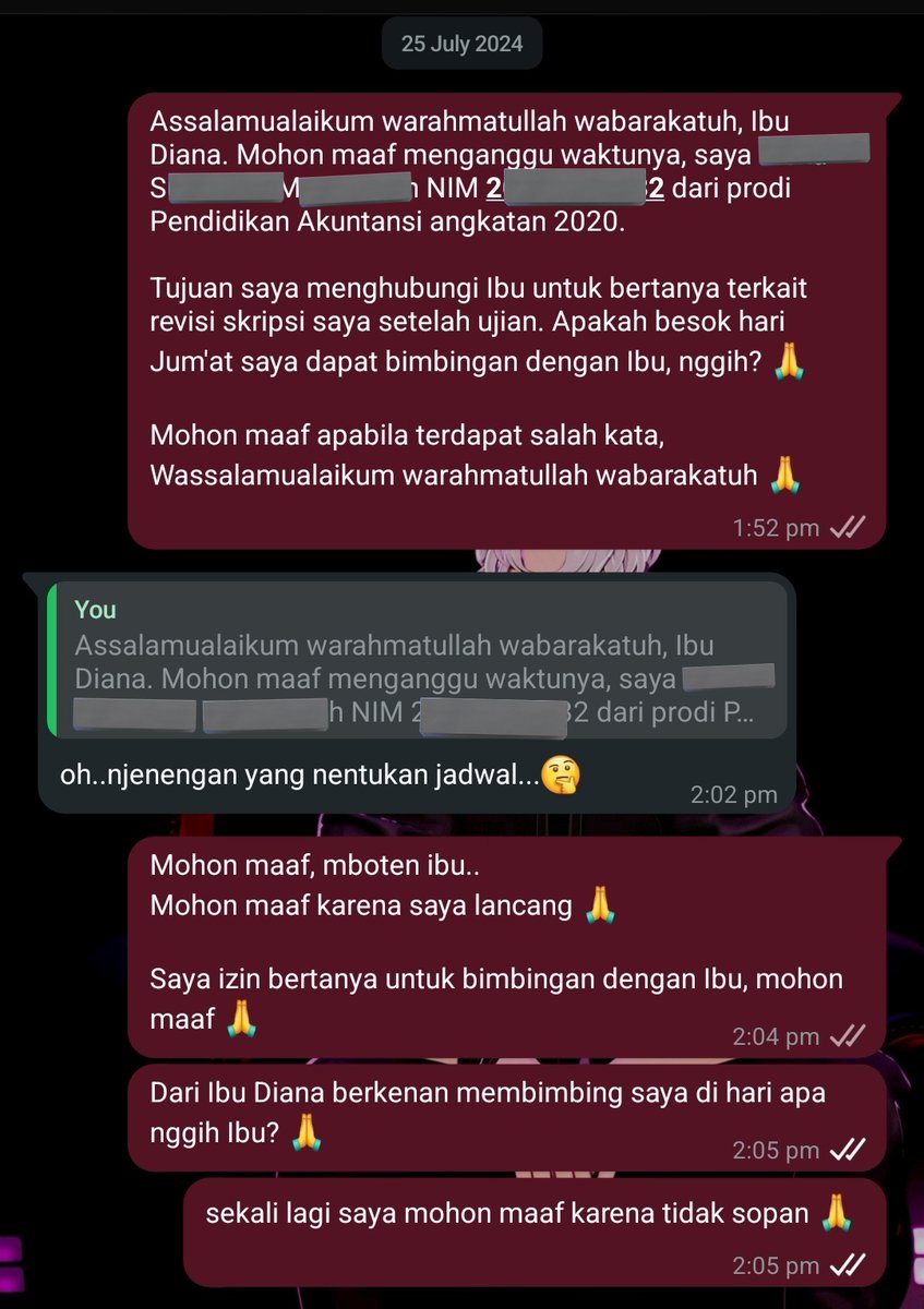 pernah jugaa, sampai 2 hari aku chat beliau tidak di balas wkwkwk