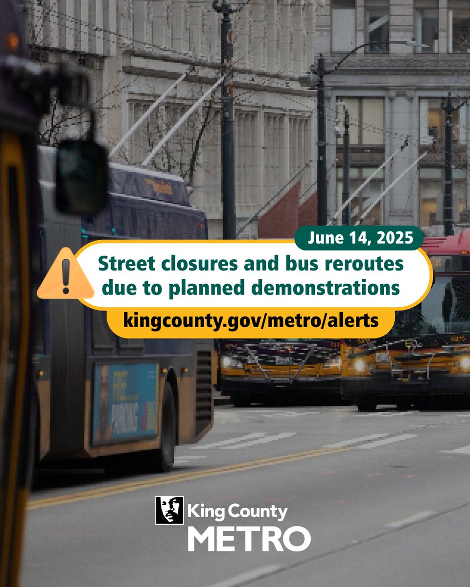 Transit alert: Street closures and bus reroutes around King County due to planned demonstrations on Saturday, June 14. Learn more at: bit.ly/3HVBONK
 
 Please check kingcounty.gov/metro/alerts for updates